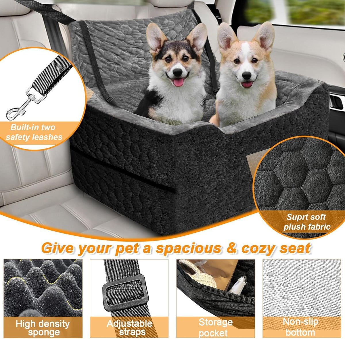 Dog Car Seat for Small/Medium Dogs, Memory Foam Dog Booster Seat - Black Gray / Large - image 3