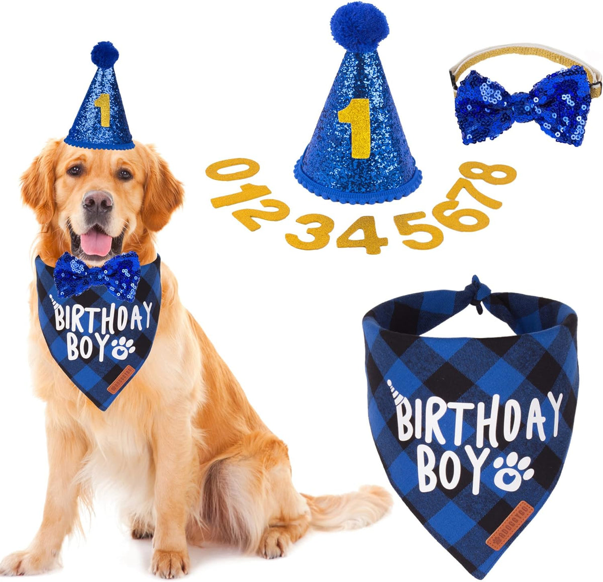 Dog Birthday Hat Bandana Set, Blue Plaid Boy Dog Bandana - X-Large / Blue