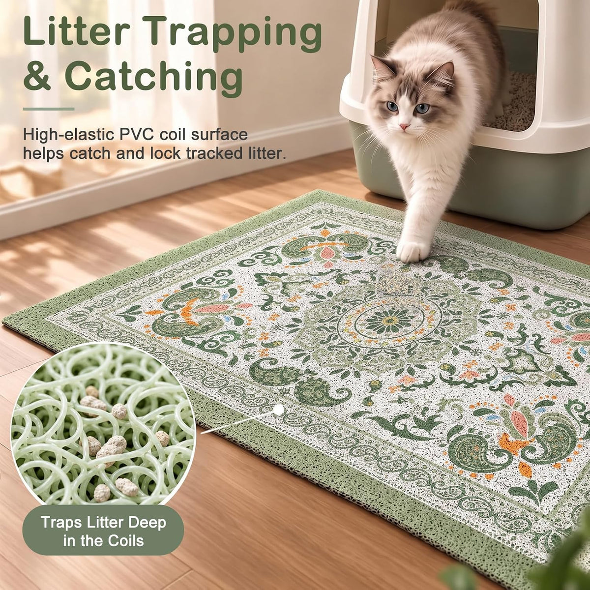 24"x15" Cat Litter Mat Non-Slip Washable Litter Box Mat – Daily Care for Cats - Green Mandala / 24X15in - image 2