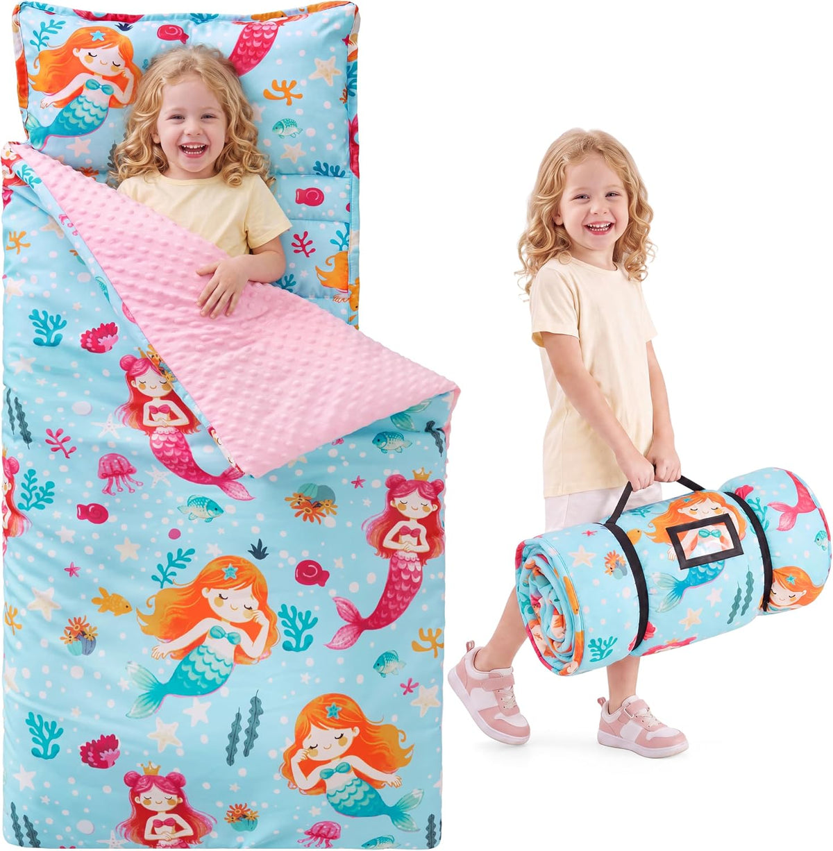 JOIEDOMI Toddler Nap Mat with Removable Pillow and Minky Blanket - Blue Mermaid