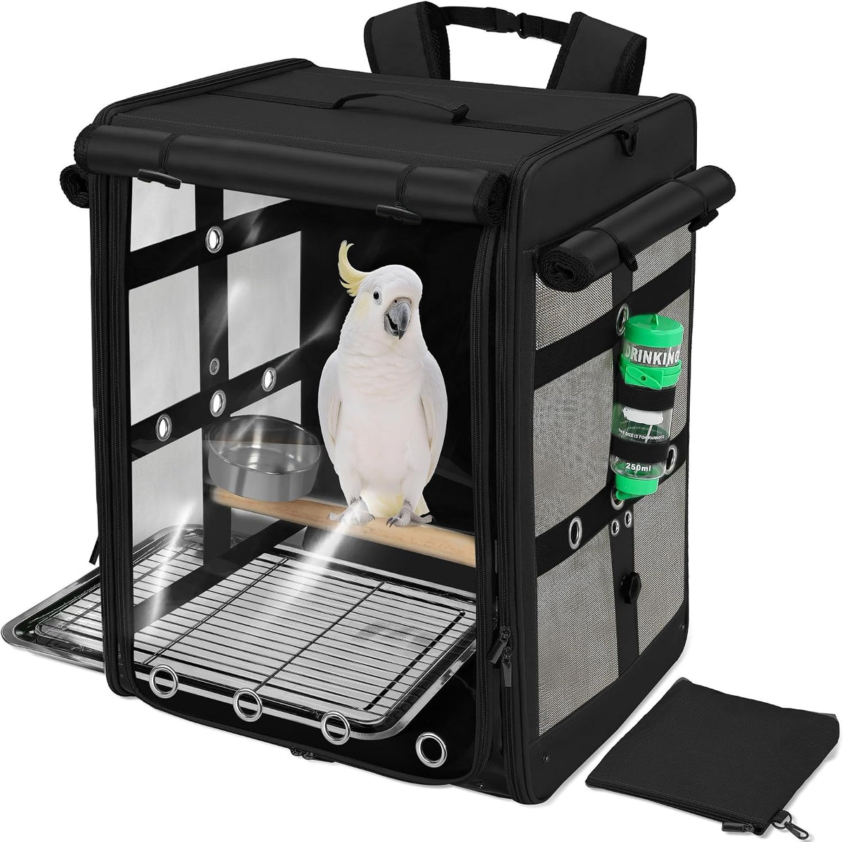 Bird Carrier with Seat Belt for Car Travel - 17.5"L x 14.8"W x 23.6"H / Black