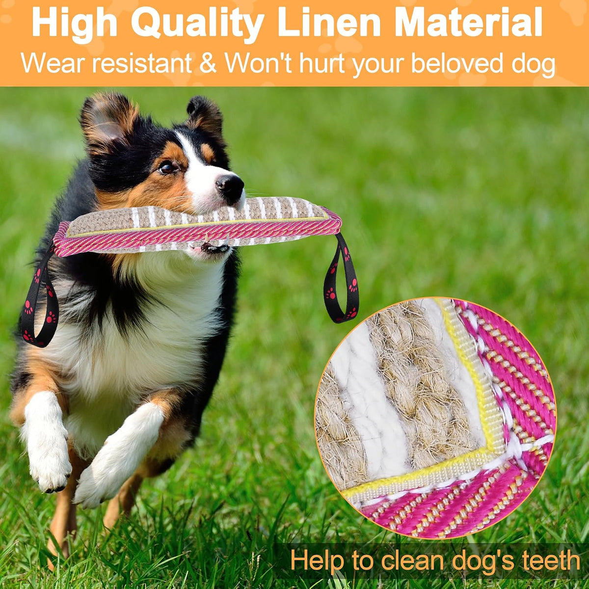 Dog Tug Toy, Dog Bite Jute Pillow Pull Toy with 2 Strong Handles - Pink & Yellow / Footprint - image 3