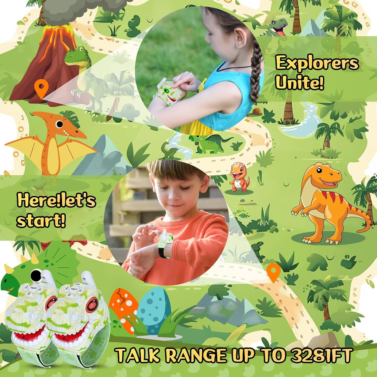 Fygurso kids walkie talkies, 2-pack green dinosaur design with adjustable wristbands - view 7
