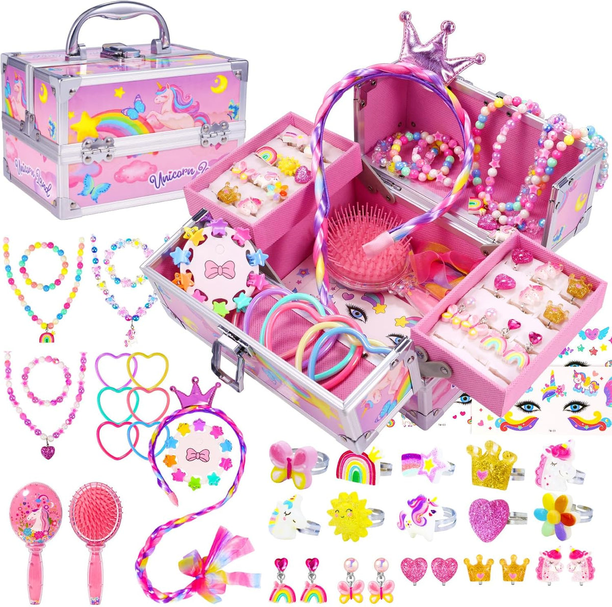 PinkSheep kids jewelry set for girls with 3-drawer box, rings, necklaces and princess crown - view 2