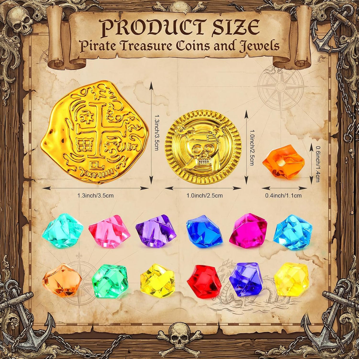 Hanaive 150 Pcs Plastic Pirate Gold Coins Fake Gems Set - Gold / Mixing - image 2