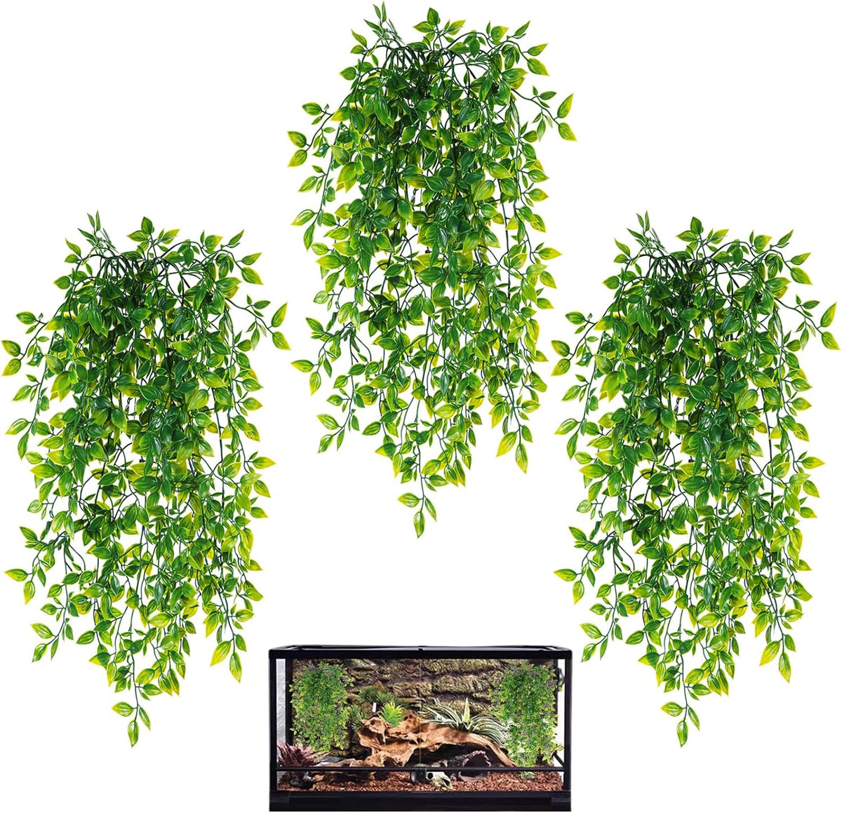 HERCOCCI Reptile Plants, 2 Pack Terrarium Hanging Plants Vines Artificial Leaves Habitat - 3 Pack