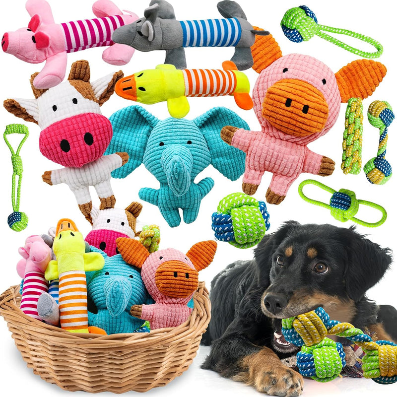 12 Pack Dog Squeaky Toys, Interactive Plush Chew Toys with Rope – Essentials for Dogs