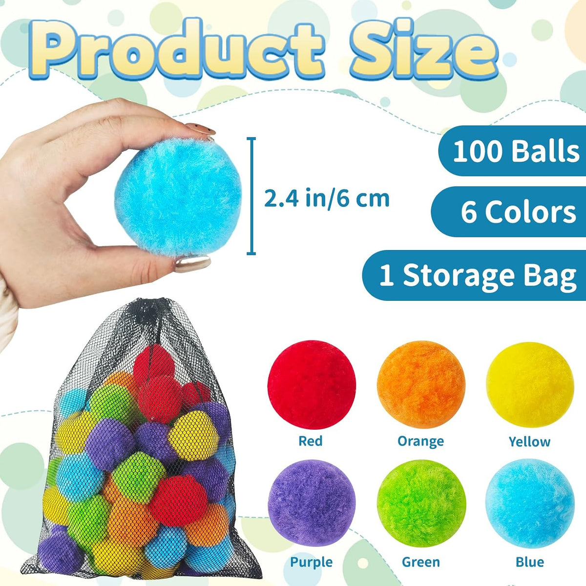 Zddaoole 120 large craft pom poms in red, blue, green, purple, orange and yellow - view 2