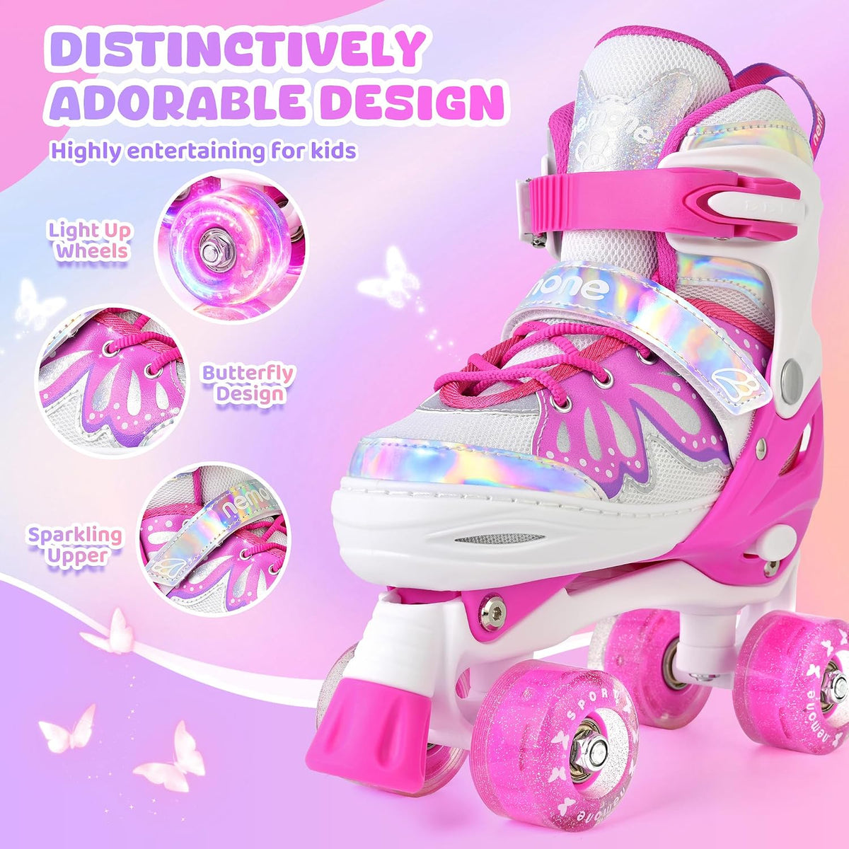 NEMONE Mermaid Adjustable Light up Roller Skates for Girls Boys – Fun for Kids & Family - G- Candy Butterfly / Medium - Big Kid - image 4