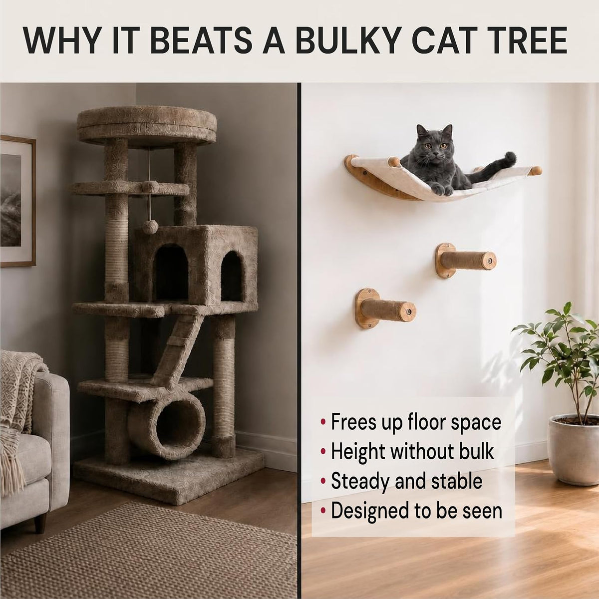 Large Cat Wall Hammock with 2 Climbing Steps – 21" Wall-Mounted Bed for Big Cats