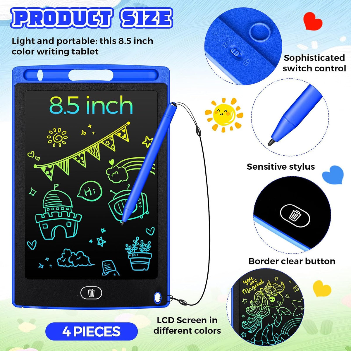 Zonon 4 Pcs LCD Writing Tablet for Kid, Red, Green, Pink - Blue - image 2