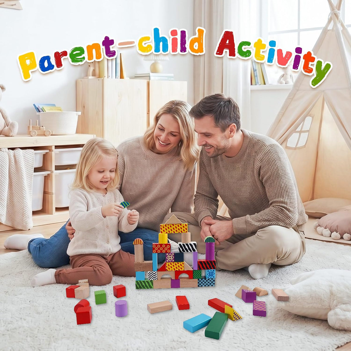 Offelec 1 inch wooden blocks, 108 cubes in 6 colors for stacking and sorting - view 5