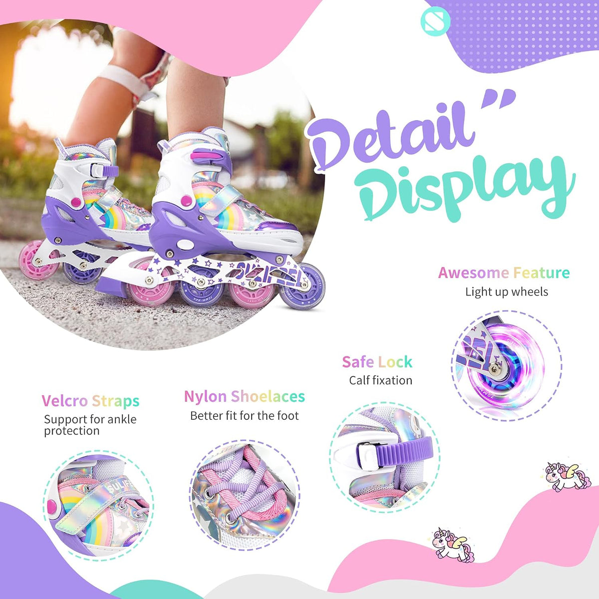 SULIFEEL Rainbow Unicorn Adjustable Kids Inline Skates for Girls Boys – Fun for Kids & Family - B Purple / Medium - Big Kid - image 3