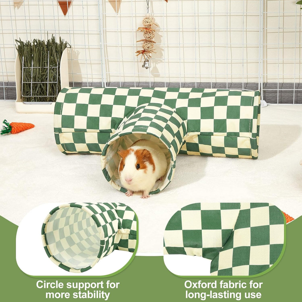 Bienbee Guinea Pig Tunnel, 3 Way Washable Guinea Pig Hideout - Green Checkerboard / 3-Way - image 3