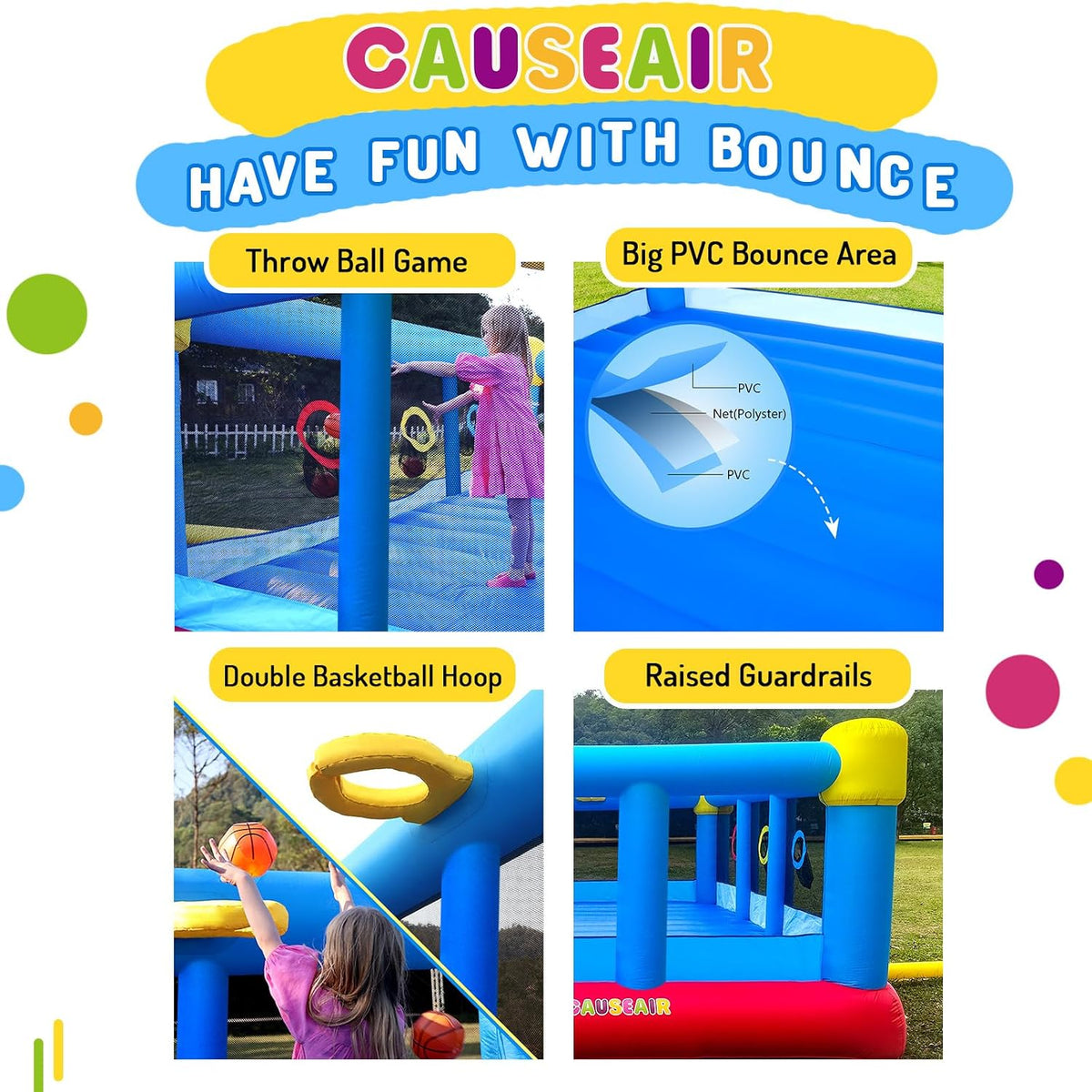 Causeair inflatable bounce house with slide, mesh walls and double basketball hoop - view 3