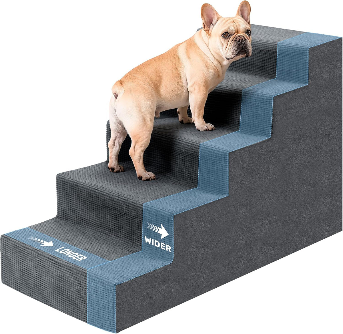Dog Stairs for Bed, Extra Wide 4-Step Dog Steps for High Bed - Grey / 5 Steps