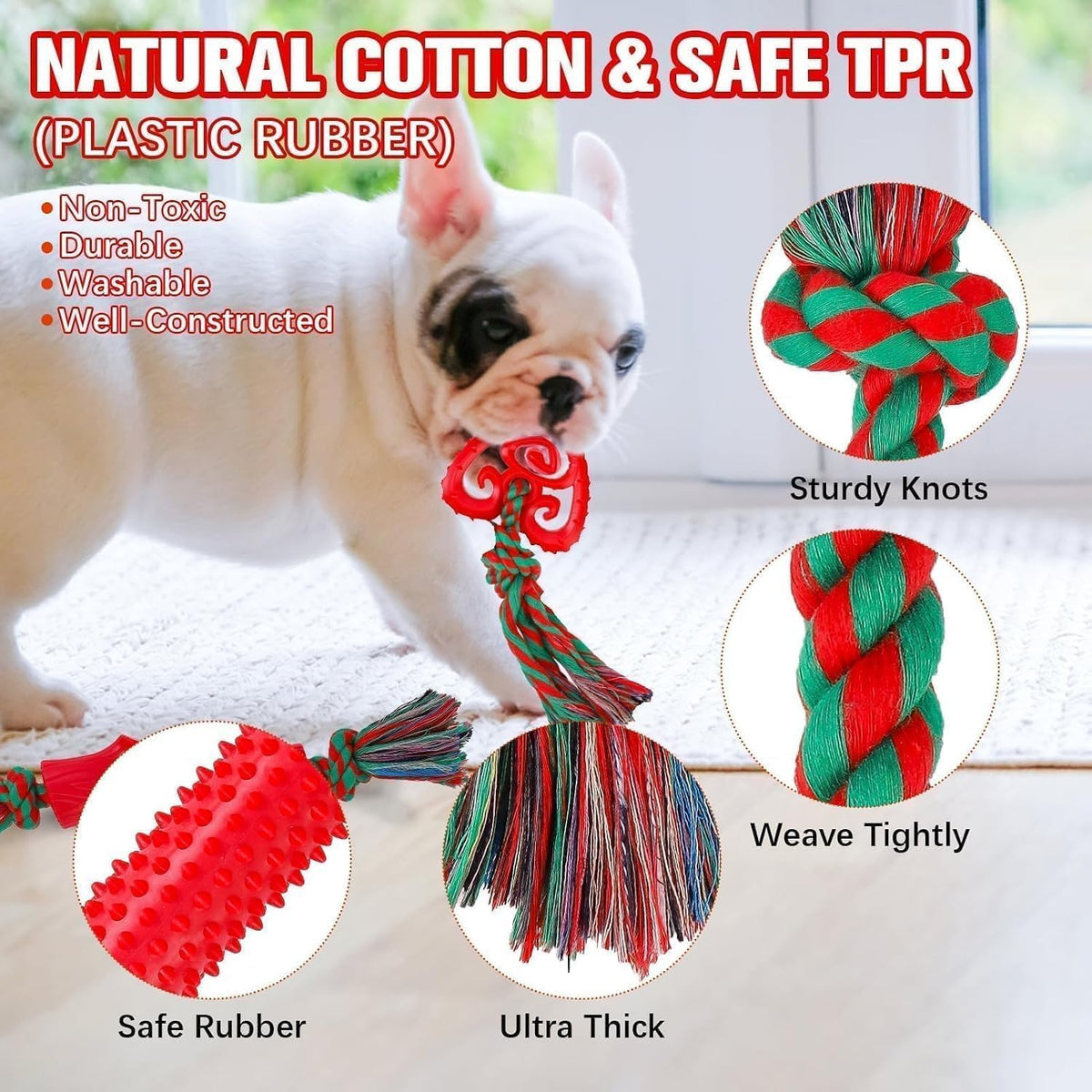 BINGPET 8 Pack Halloween Dog Cotton Rope & Rubber Chew Toys – Essentials for Dogs - Christmas Red - image 4