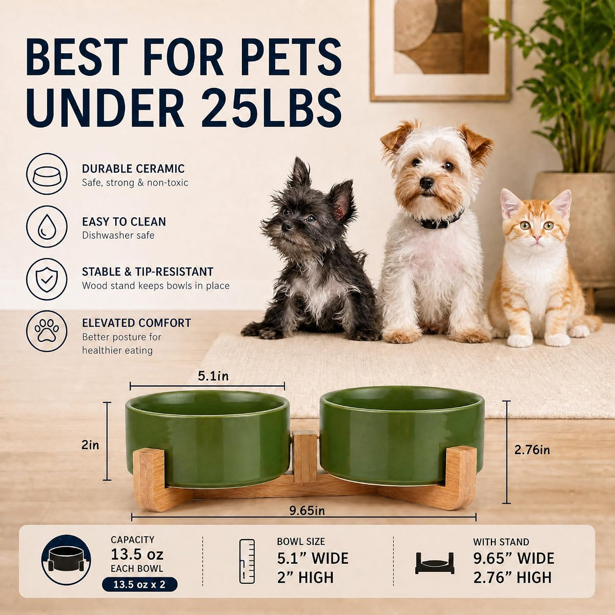 Ceramic Cat Dog Bowl Set with Stand - Rust Green / 400ML*2 - image 3