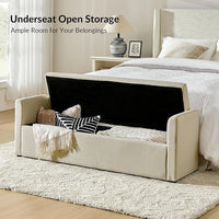 HULALA HOME Modern Storage Bench with Throw Pillows, 59.4" Extra Long Bedroom Ottoman Bench for End of Bed, Comfy Upholstered Footstool for Entryway Dining Room Living Room, Beige