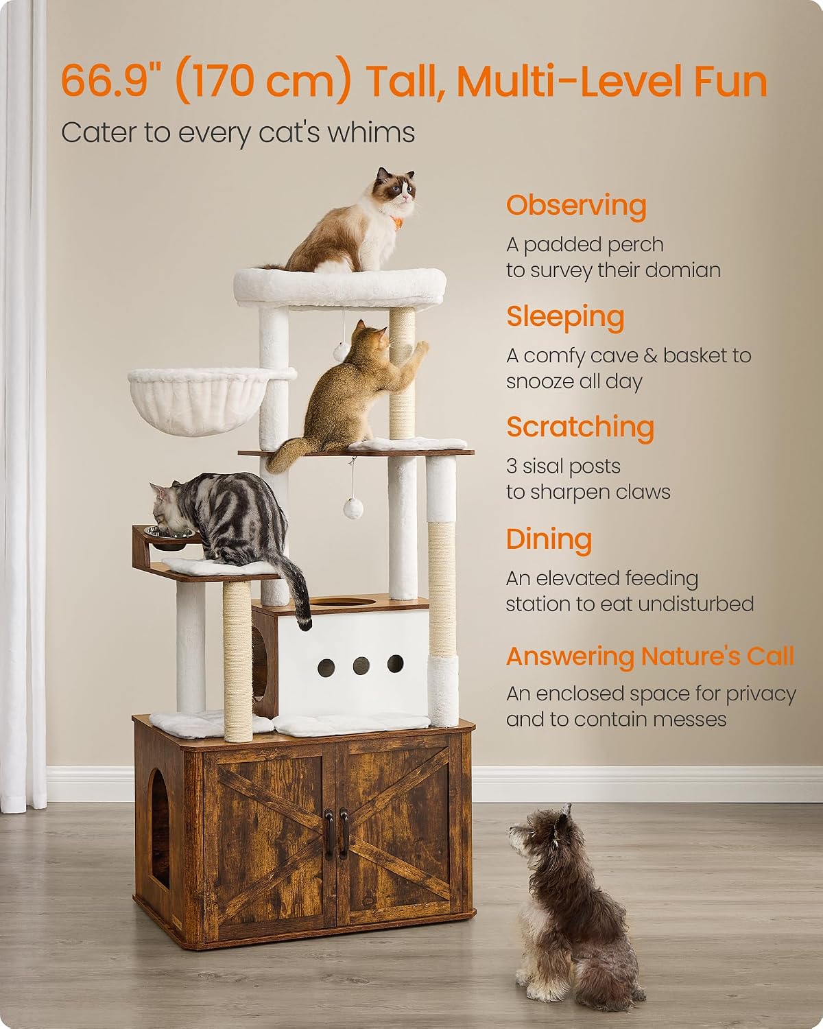 Feandrea Cat Tree, 66.9-Inch Cat Tower with Litter Box Enclosure – Essentials for Cats - Rustic Brown - image 3