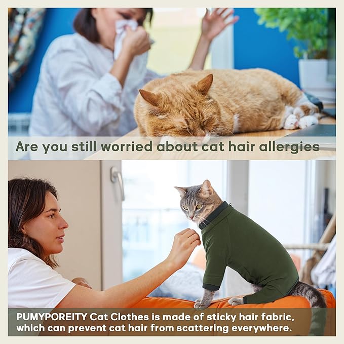 PUMYPOREITY Sticky Hair Cat Clothes, Prevent Hair Loss Cat Pajamas, Soft Cat Sweaters for Cats Only, Cat Hair Sticky Onesie, Cat Recovery Suit After Surgery, Green, L