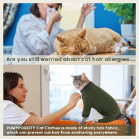 PUMYPOREITY Sticky Hair Cat Clothes, Prevent Loss Pajamas, Soft Sweaters for Cats Only, Onesie, Recovery Suit After Surgery, Green, M