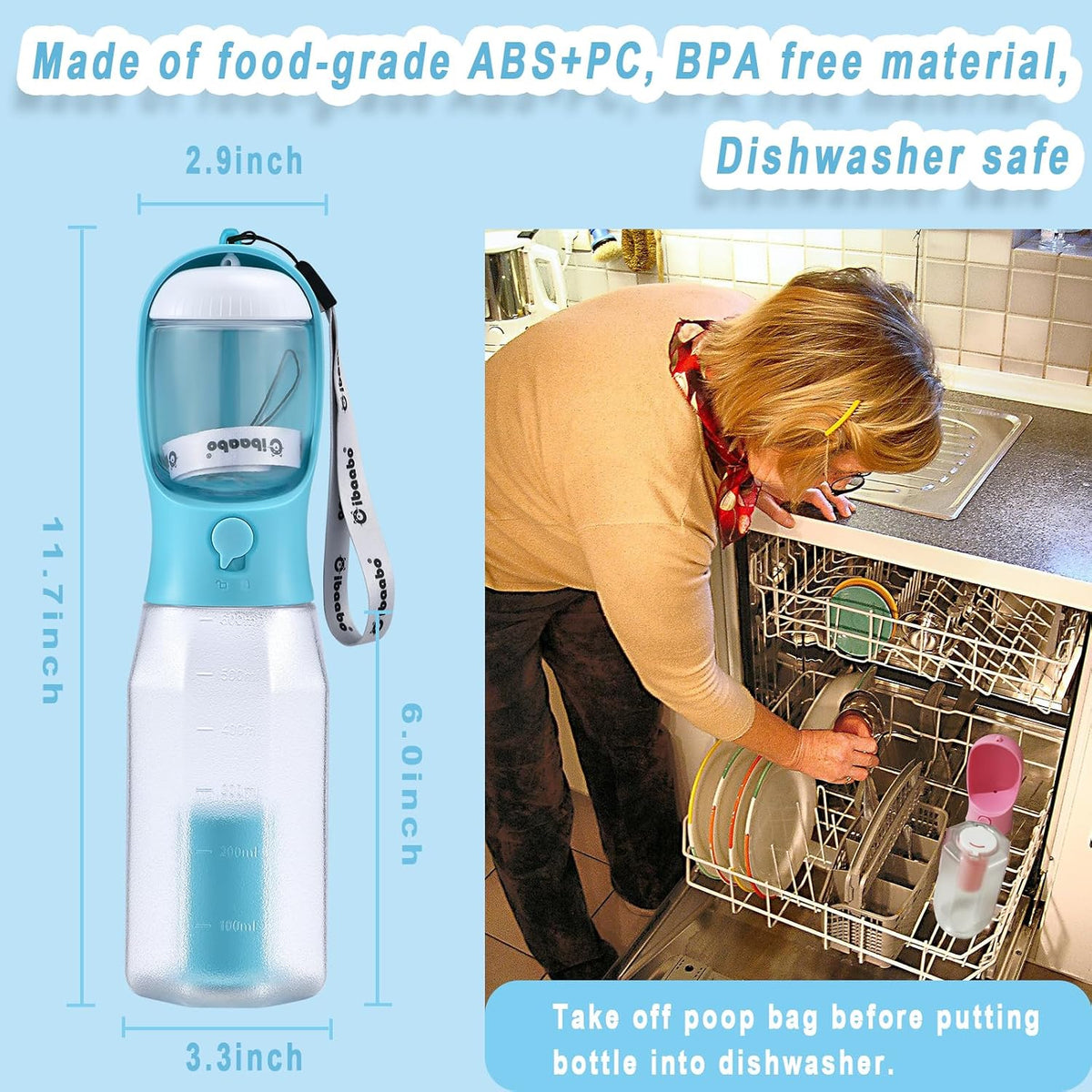Dog Water Bottle with Food Container & Poop Bag Holder & Filter – Essentials for Dogs - #07 Dark Green / 20oz - image 2