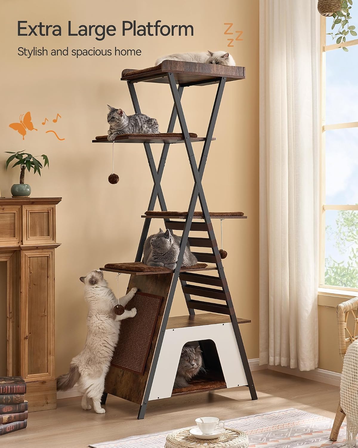 72.4" Modern Cat Tree for Indoor Cats, Multi-Level Cat Condo – Essentials for Cats - Rustic Brown - image 3