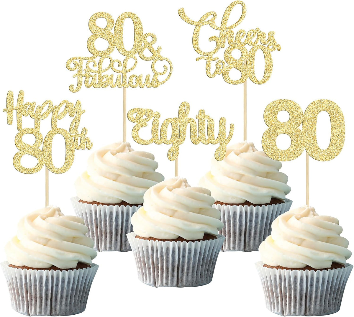 30 Pack Happy 80th Birthday Cupcake Toppers Gold Glitter Eighty - 80th / Gold