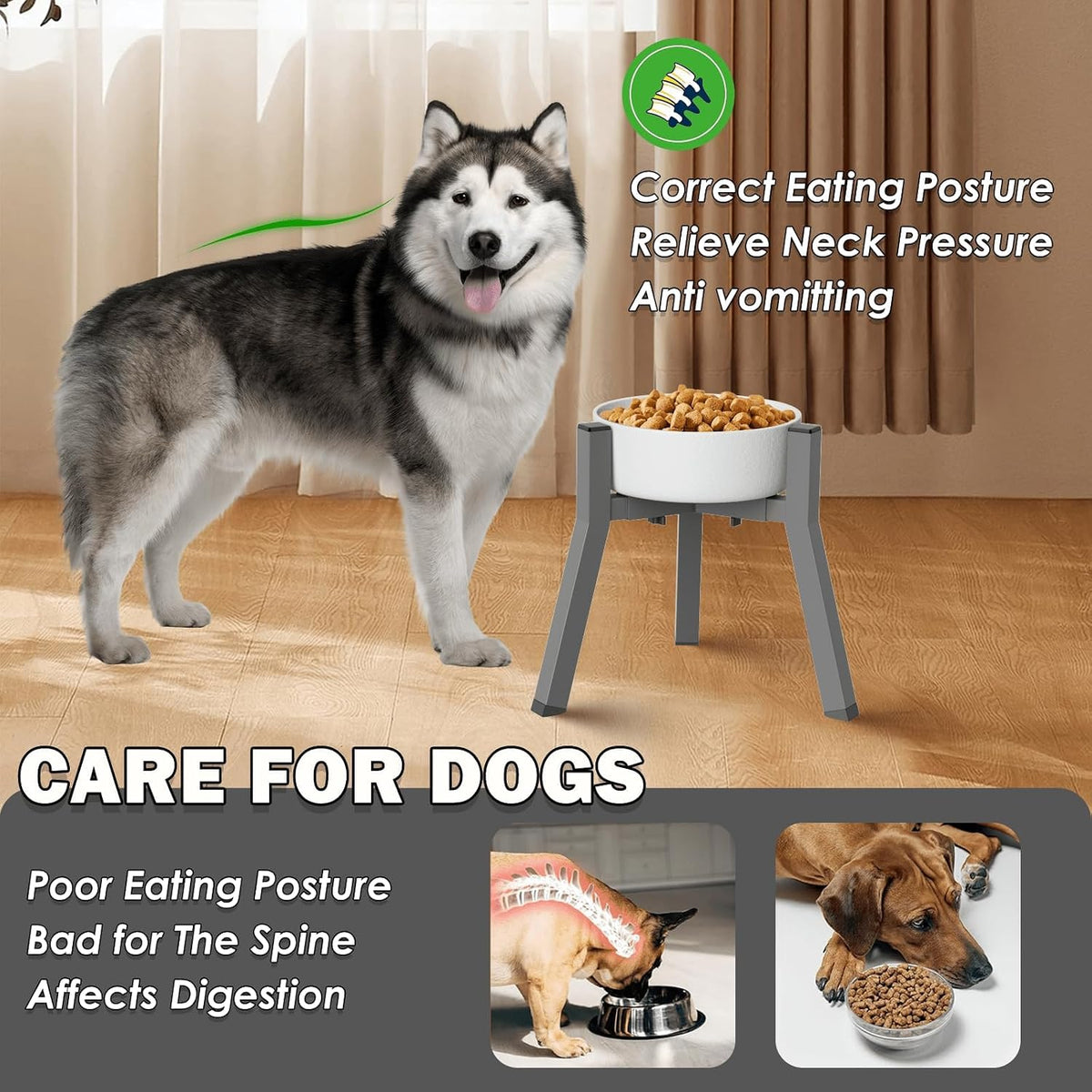 Dog Bowl Stand for Medium & Large Dogs, Adjustable Width 7-10.7" - Height: 11", Width: 7-10.6" / Grey with Tray - image 2