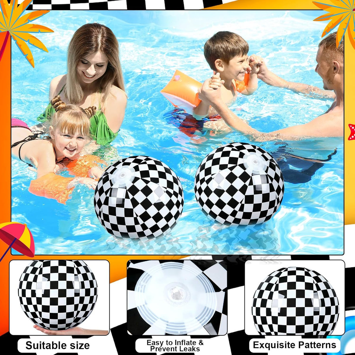 Hollowfly 12 Pack Checkered Flag Beach Balls Kids 7.87" - 11.8" / Checkered Flag / 2 - image 3
