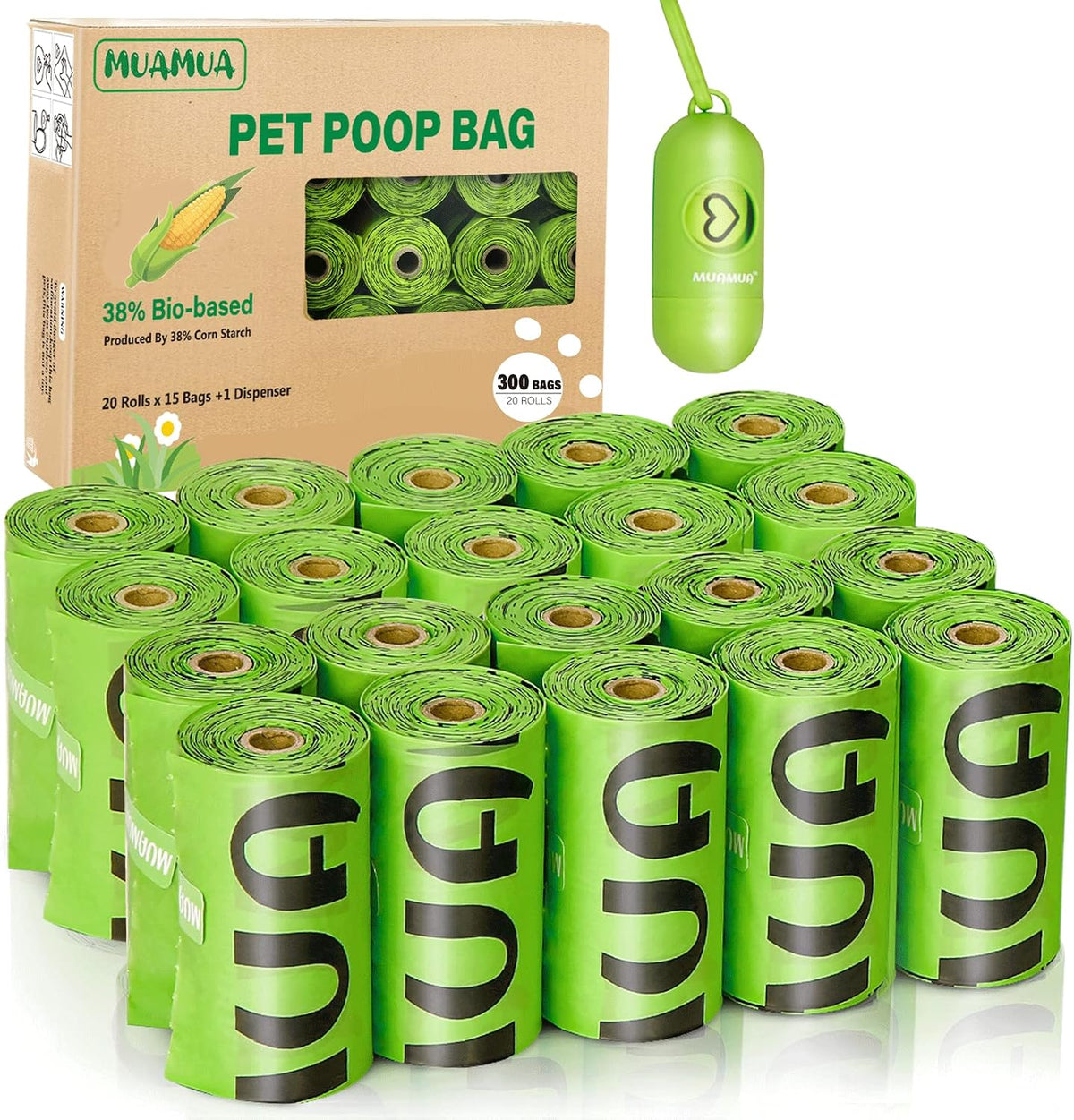 Biodegradable Dog Poop Bags 300 Count, 20 Rolls - 1 Dispenser + 300 Bags