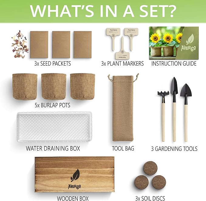 Sunflower, Marigold & Zinnia Flower Seeds Growing Kit – Complete Indoor & Outdoor Kit with Seeds for Planting, Planters, Soil, Tools, Instructions – Ideal for Gift Giving