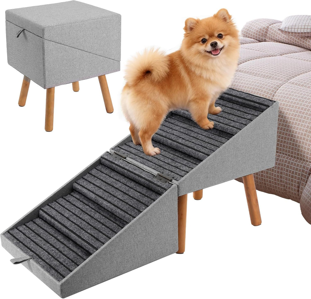 17" H Split Ottoman Dog Ramp for Couch - 21.06" H-Light Grey