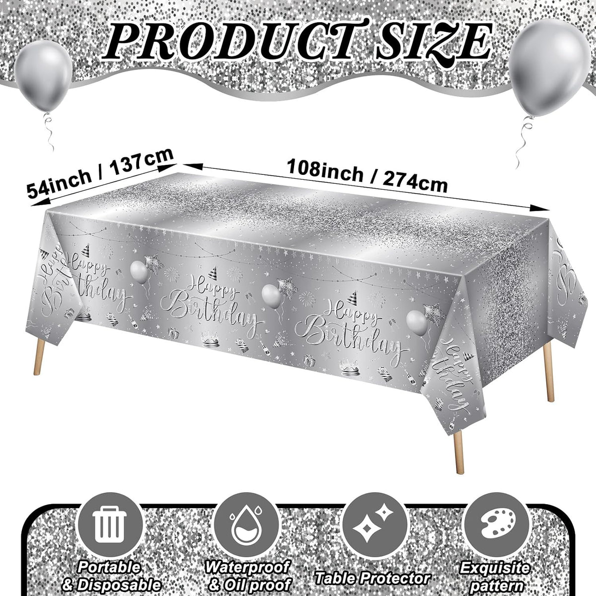 Tudomro 3 Pcs Plastic Happy Birthday Party Tablecloths - Silver / 3 - image 4