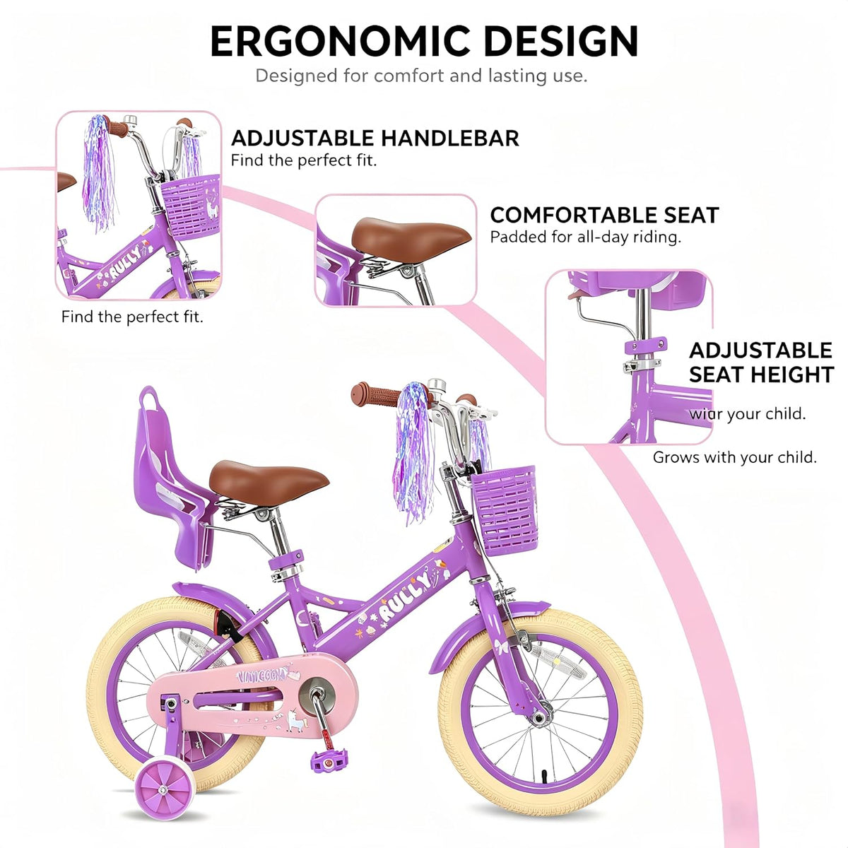 RULLY pink unicorn kids bike with training wheels, front basket, doll seat and streamers - view 9