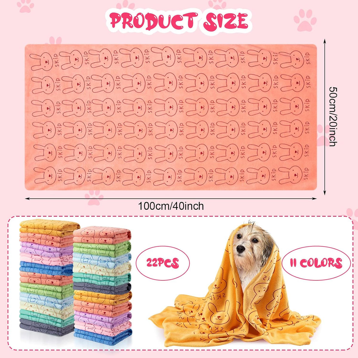 Tatuo 22 Pcs Dog Towels for Drying 20 x 40 Inch Pet Bath Towels - Colorful / Rabbit Pattern - image 2