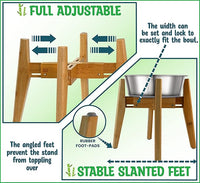 Dog Bowl Stand (12-inch High) - Ideal for Large Breeds - Adjustable Sideways, Slanted Feet - Elevates, Raises Pet Food Feeders, Water Dishes, Fountains, Dispensers - Bamboo Stand Only