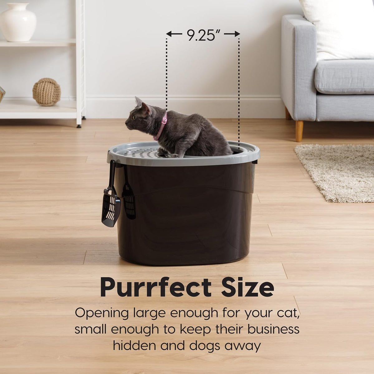 IRIS USA Top Entry Cat Litter Box, Hooded Privacy - Oval / Black w/ Scoop - image 3