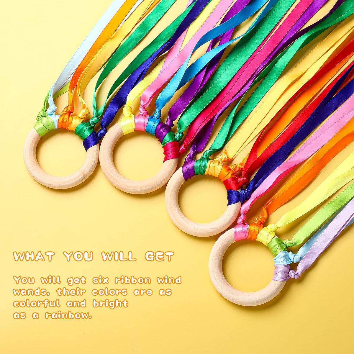 Sumind 6 pack of ribbon dance wands for kids with smooth hardwood rings and bright ribbons - view 13