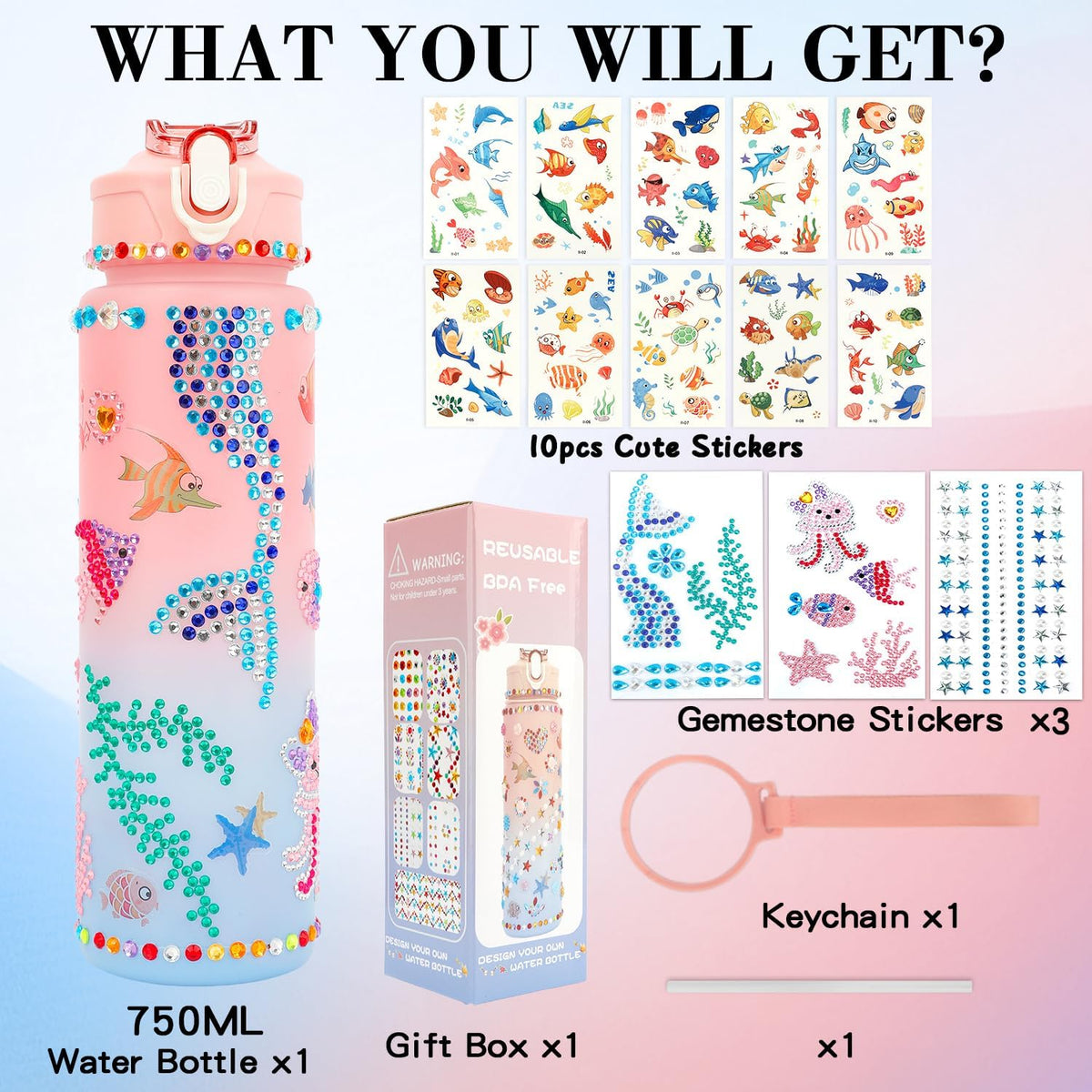 OZOSHINE decorate your own water bottle kit for girls with gem stickers and gift box - view 3