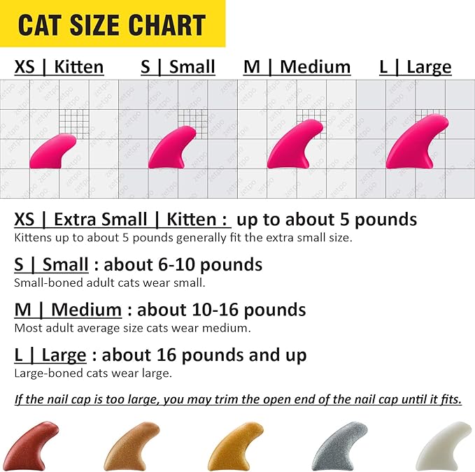 zetpo 100 pcs Cat Nail Caps | Cat Claw Covers | with Adhesives and Applicators (XS, Metal Red, Bronze, Gold, Silver, Pearl White)