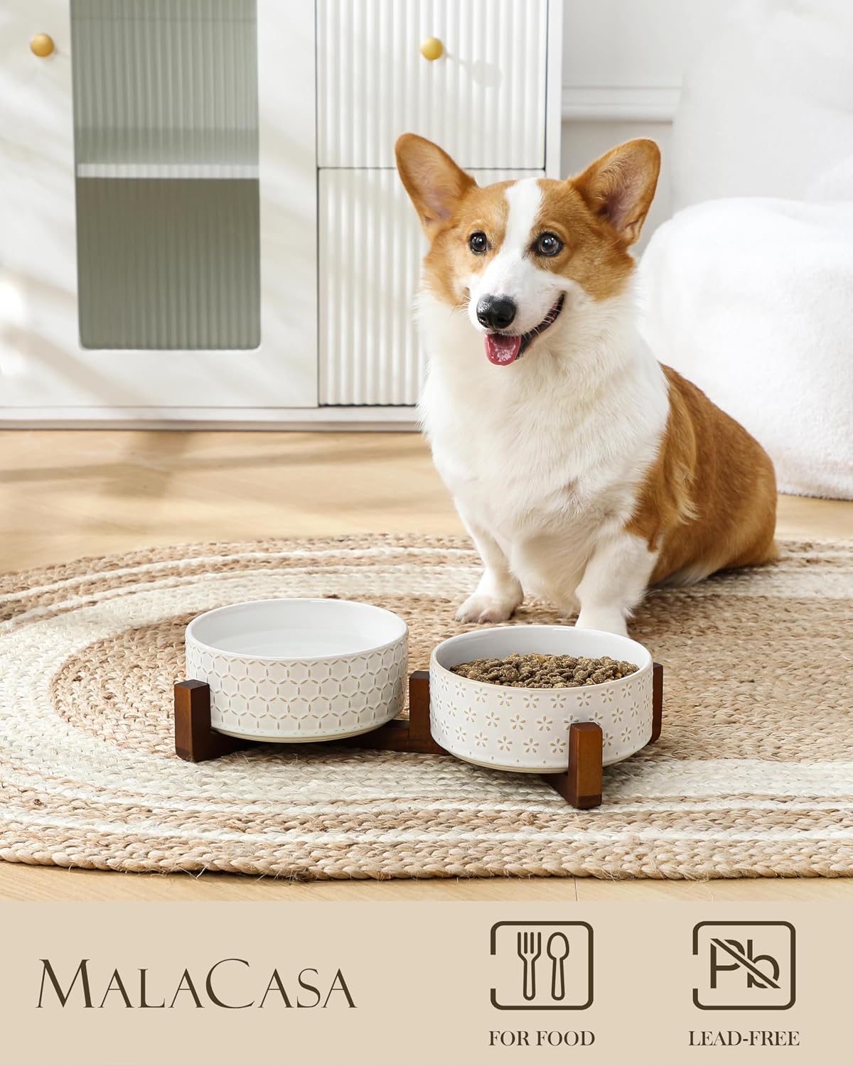 MALACASA Dog Bowl Set, Ceramic Bowls with Walnut Wood Stand - Five-leaf Grass+Honeycomb / 4 Cups - image 3
