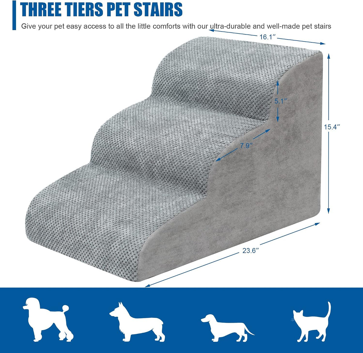 Dog Stairs for Small Dogs, High Density Foam Dog Ramp - Fleece-Gray / 3 Steps - image 2