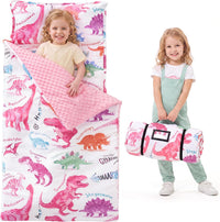 JOIEDOMI Toddler Nap Mat with Removable Pillow and Minky Blanket - Pink Dinosaur