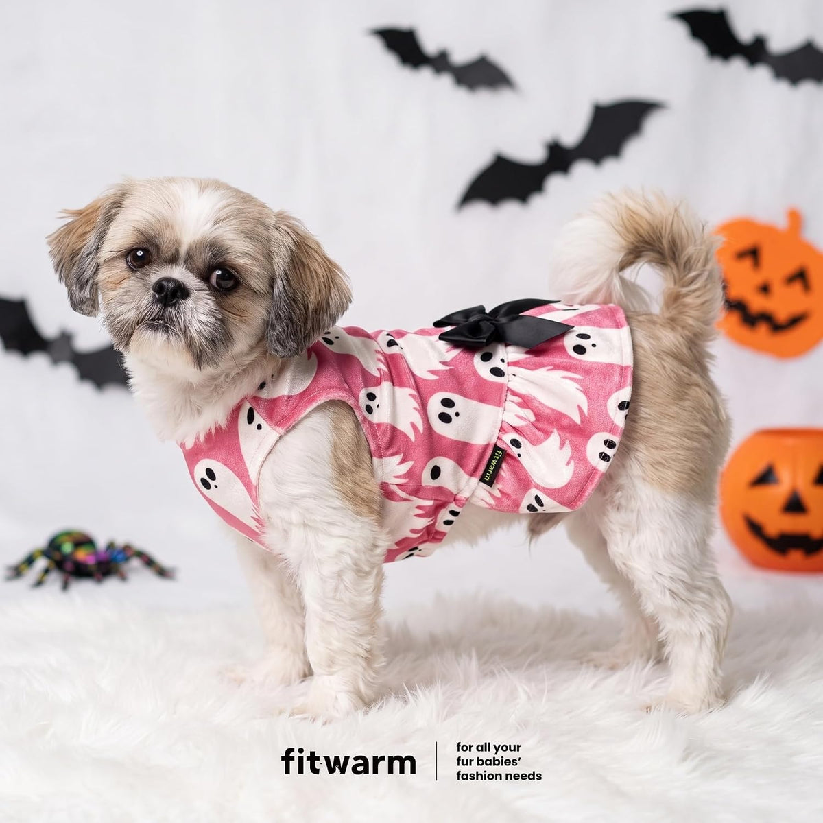 Fitwarm Halloween ghost dog dress in velvet with ghost prints and ribbon bow, size small - view 4