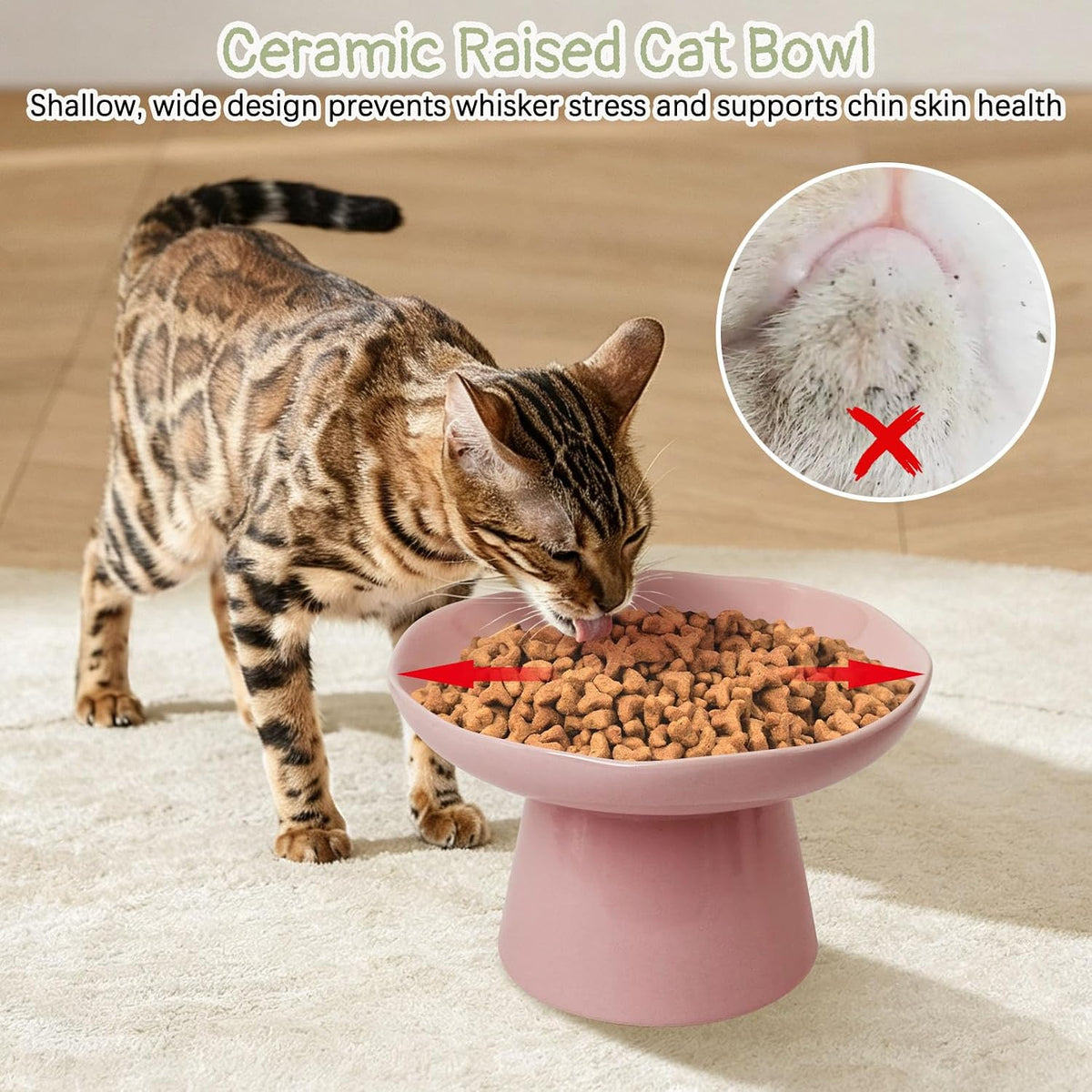 VCEPJH Elevated Cat Bowls 6.1in Wide Shallow Ceramic Raised Food Dish – Essentials for Cats - Pink(Pack of 2) - image 2