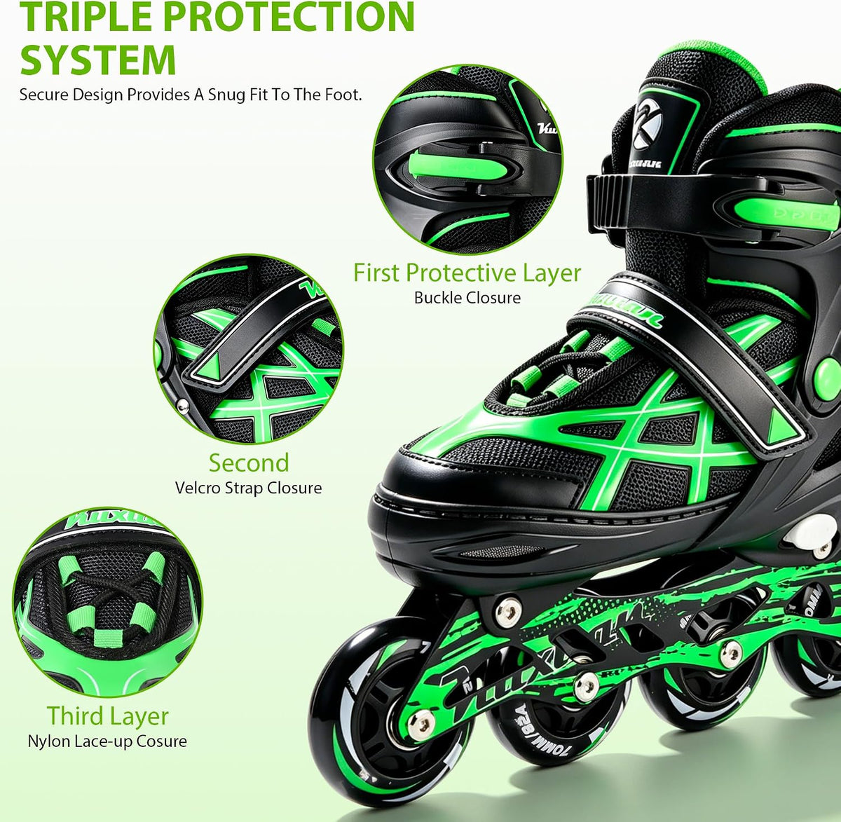 Kuxuan Boys Adjustable Inline Skates with Light up Wheels for Kids - Stripe Green / Medium(Kids 13-3 US) - image 4