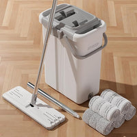 JOYMOOP Mop and Bucket with Wringer Set, Flat Squeeze Mop with Bucket (X-Large), Dust Mop for Wall Cleaner with Long Handle, Microfiber Mop - White Bucket with 5 Reusable 15" Pads