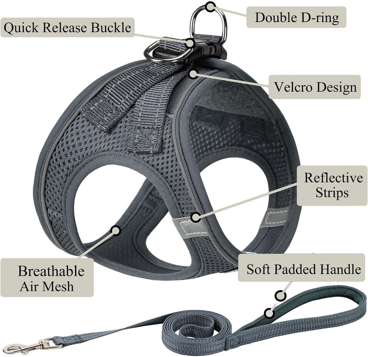 Dog Harness with Leash Set, Step-in Adjustable Puppy Pet Vest - Grey / M(Chest:16"-18") - image 2